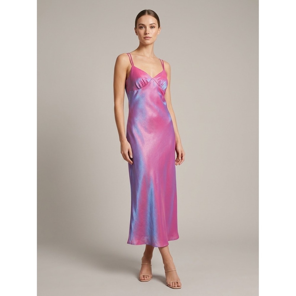 Wild Fable Iridescent Pink Blue Slip Dress Double Strap Midi V-Neck Small NWT